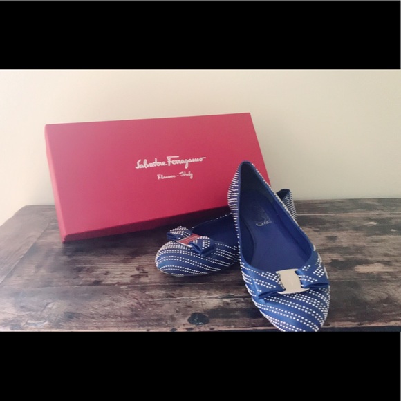 A pair of blue Salvatore Ferragamo shoes